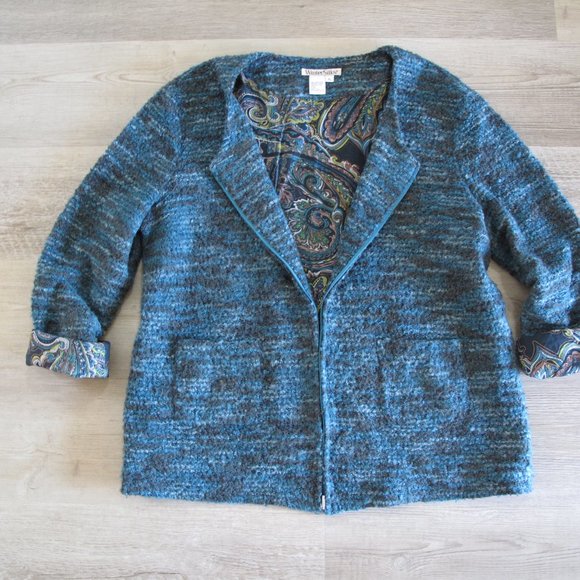 VINTAGE - WINTER SILKS - Silk Wool Blend Turquoise Full Zip Cardigan - Picture 12 of 12